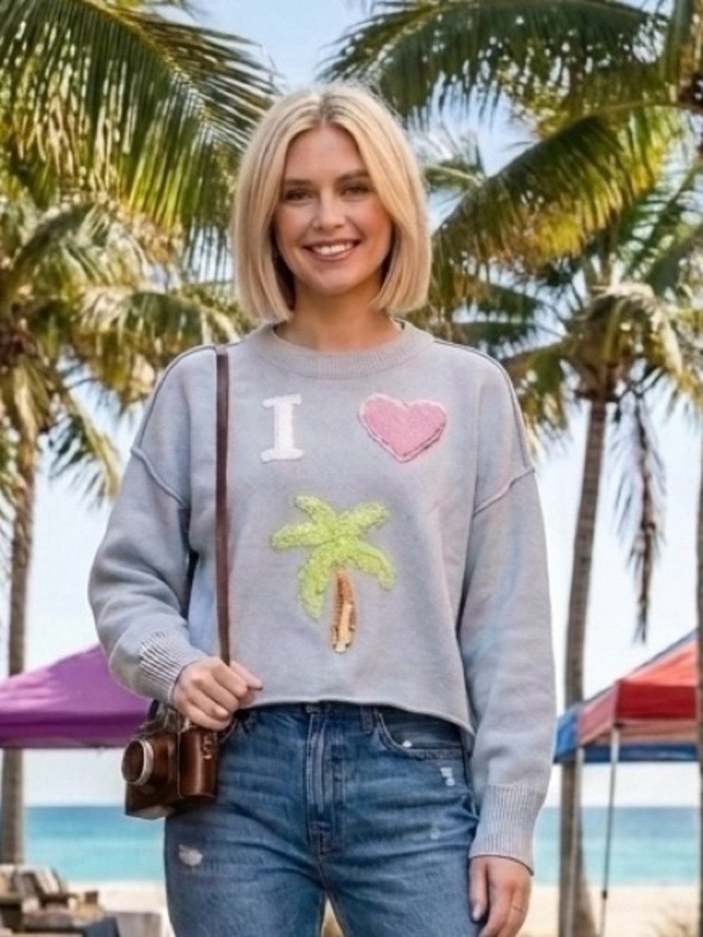 Wildfox Sequins Light Blue Cozy Knit “ I ❤️🌴”